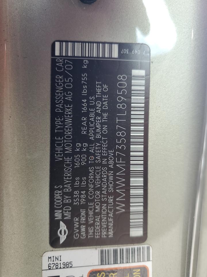 2007 Mini Cooper S VIN: WMWMF73587TL89508 Lot: 62755554