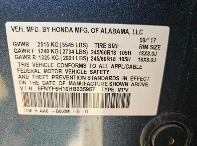 5FNYF5H16HB035957 | 2017 Honda pilot lx