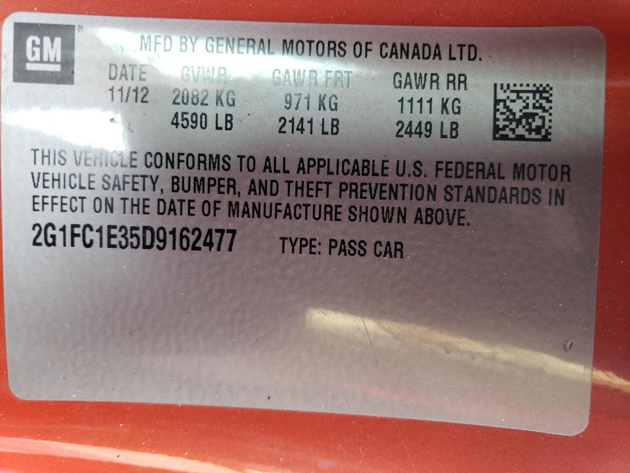 2013 Chevrolet Camaro Lt VIN: 2G1FC1E35D9162477 Lot: 63345184