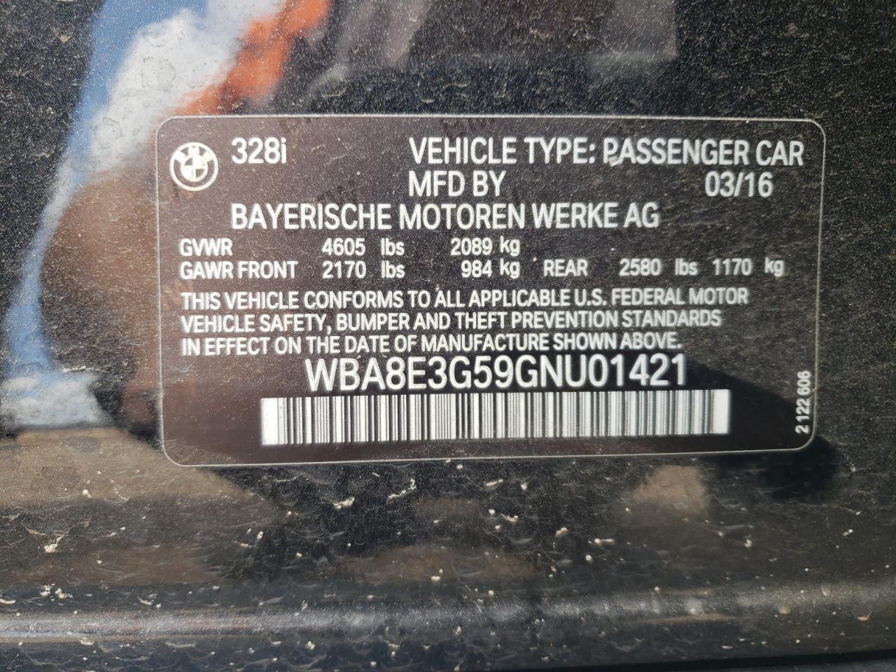 2016 BMW 328 Xi Sulev VIN: WBA8E3G59GNU01421 Lot: 60807704