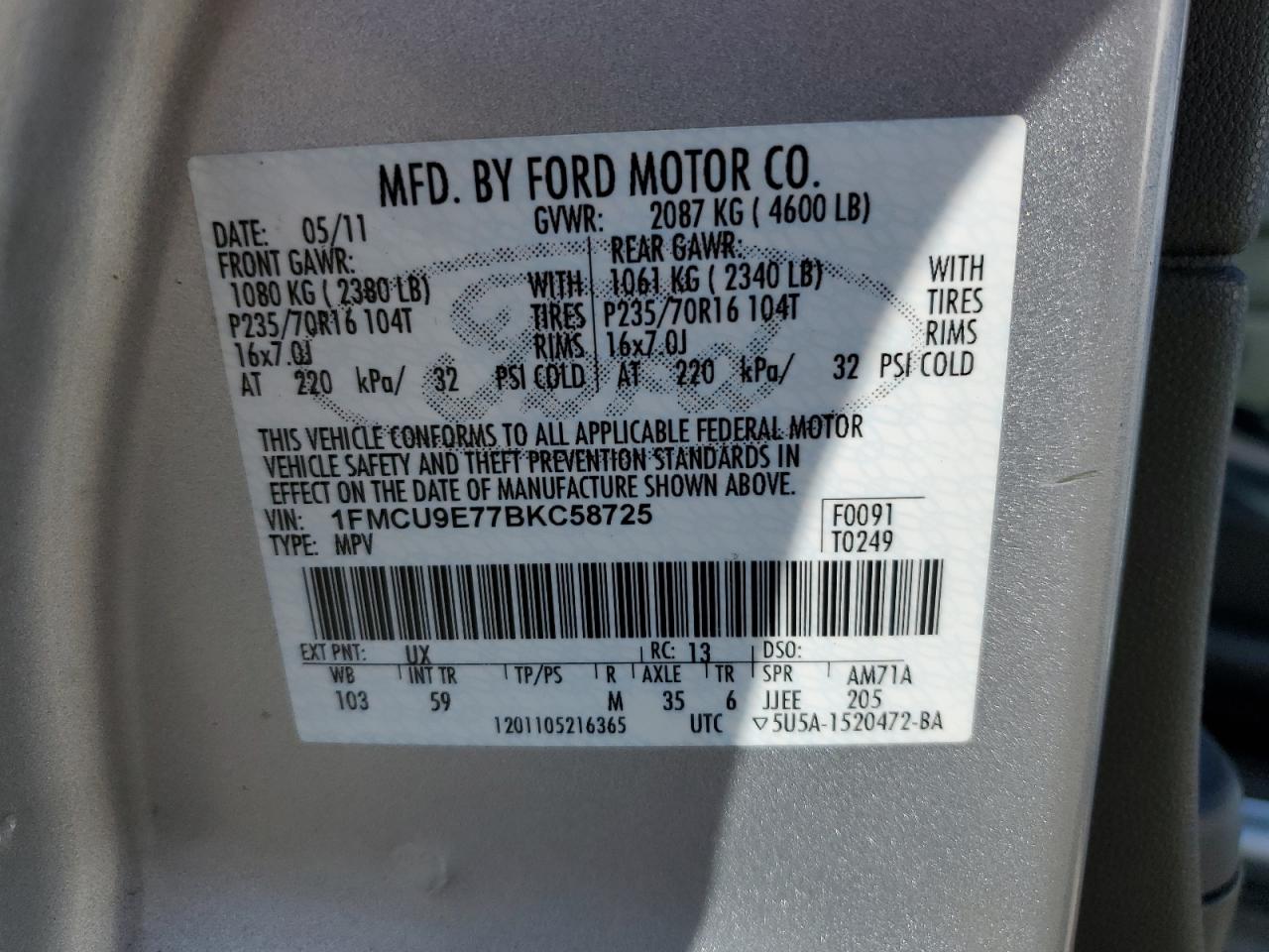 2011 Ford Escape Limited VIN: 1FMCU9E77BKC58725 Lot: 61421734