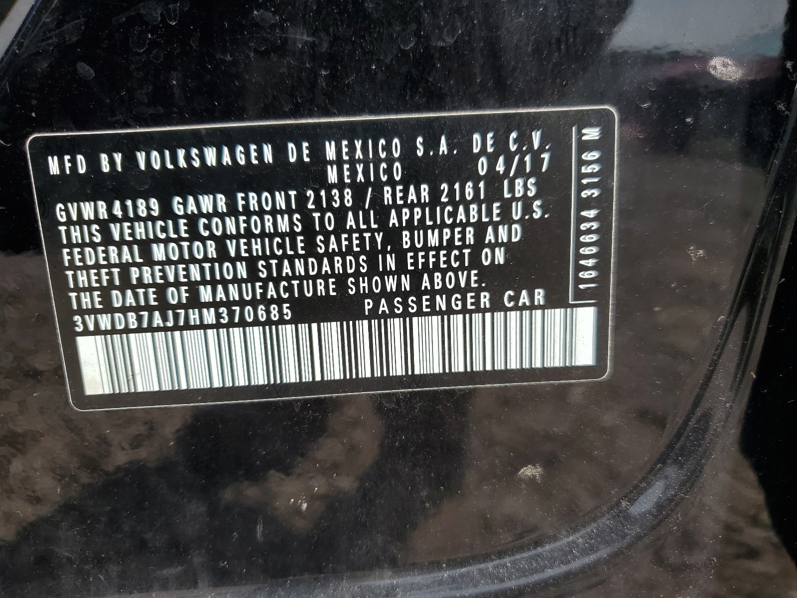 3VWDB7AJ7HM370685 2017 Volkswagen Jetta Se