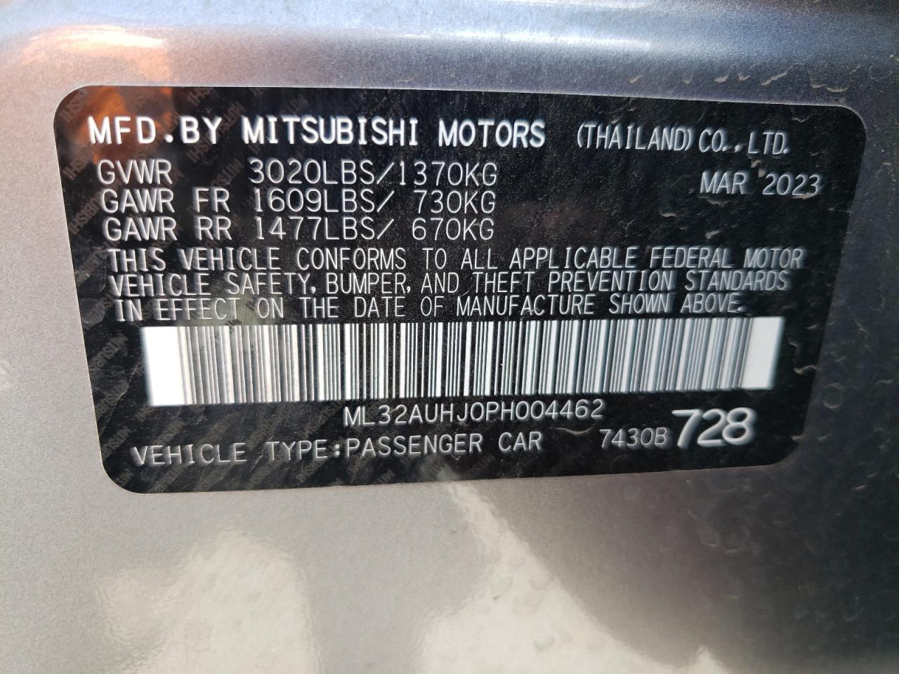 2023 Mitsubishi Mirage Es VIN: ML32AUHJ0PH004462 Lot: 63761034