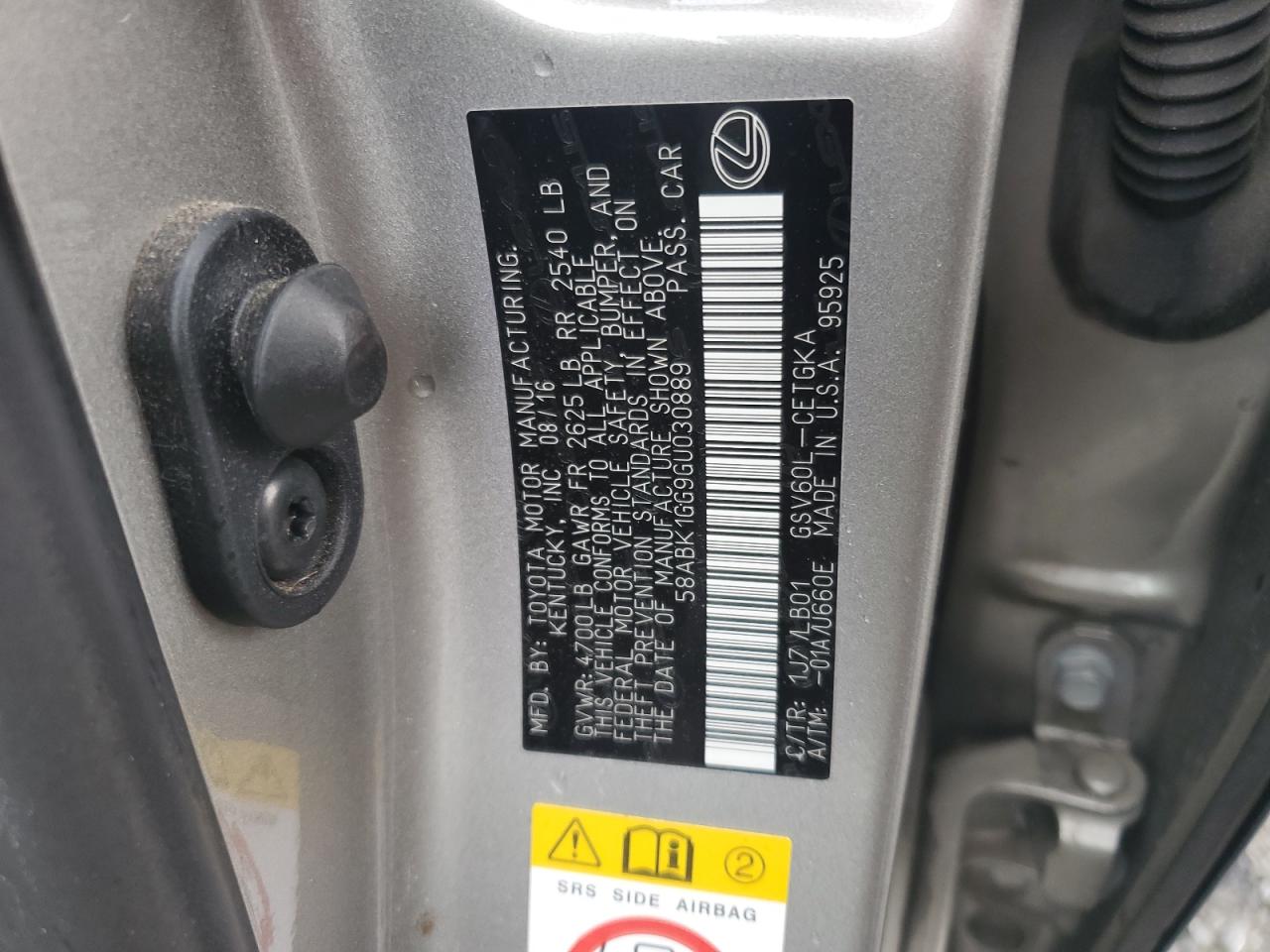 2016 Lexus Es 350 VIN: 58ABK1GG9GU030889 Lot: 63728884