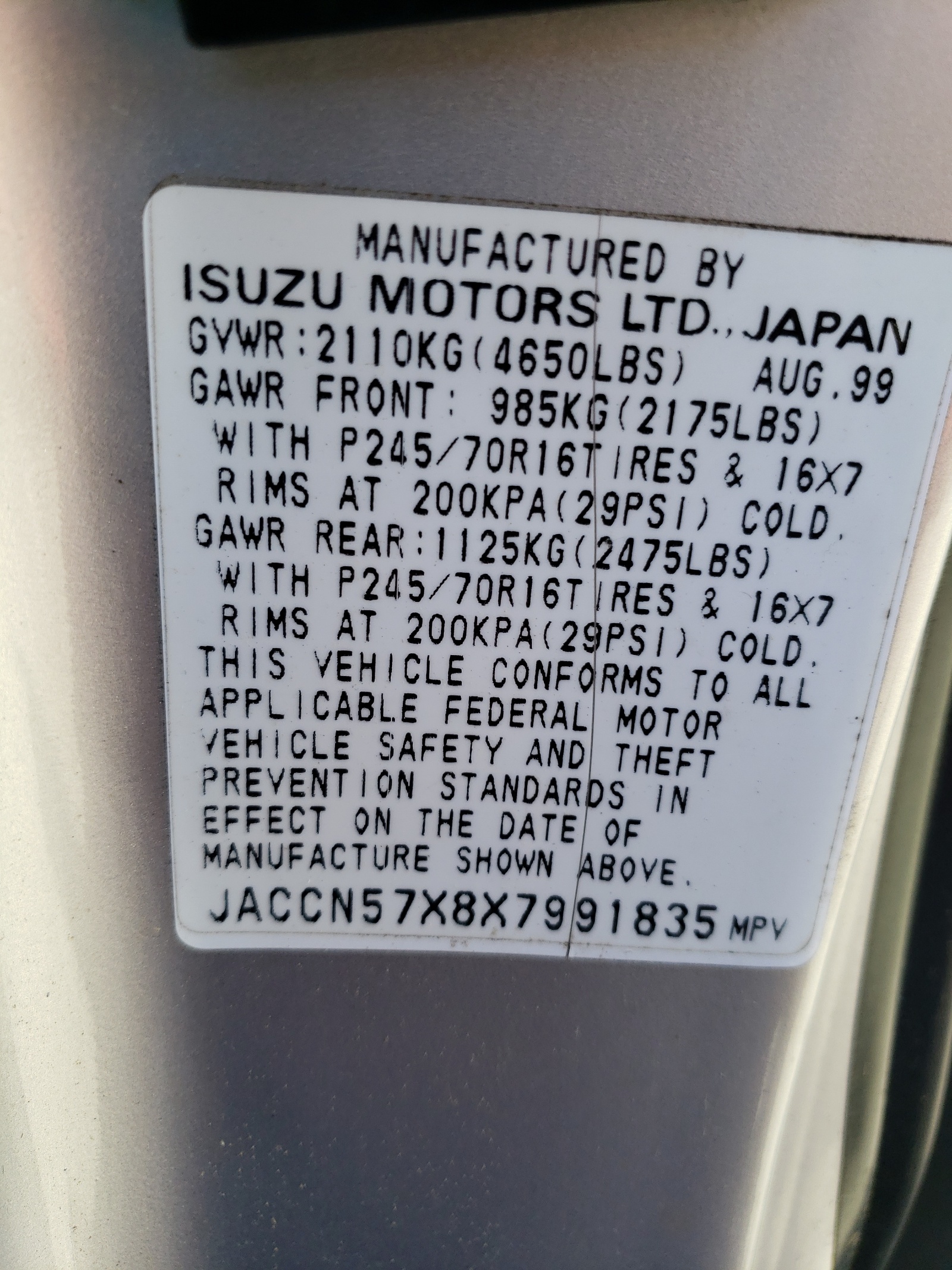 JACCN57X8X7991835 1999 Isuzu Vehicross