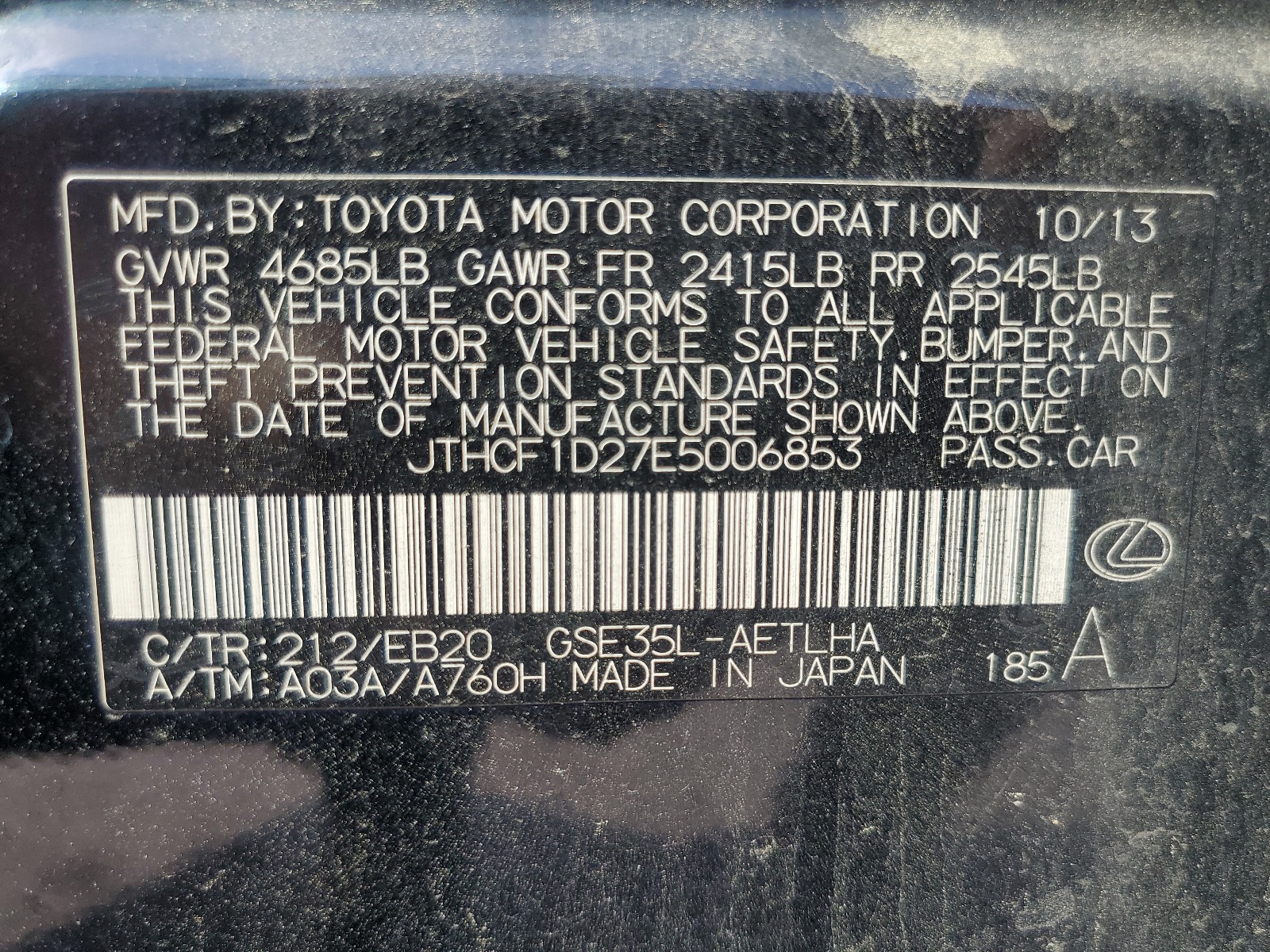 JTHCF1D27E5006853 2014 Lexus Is 250