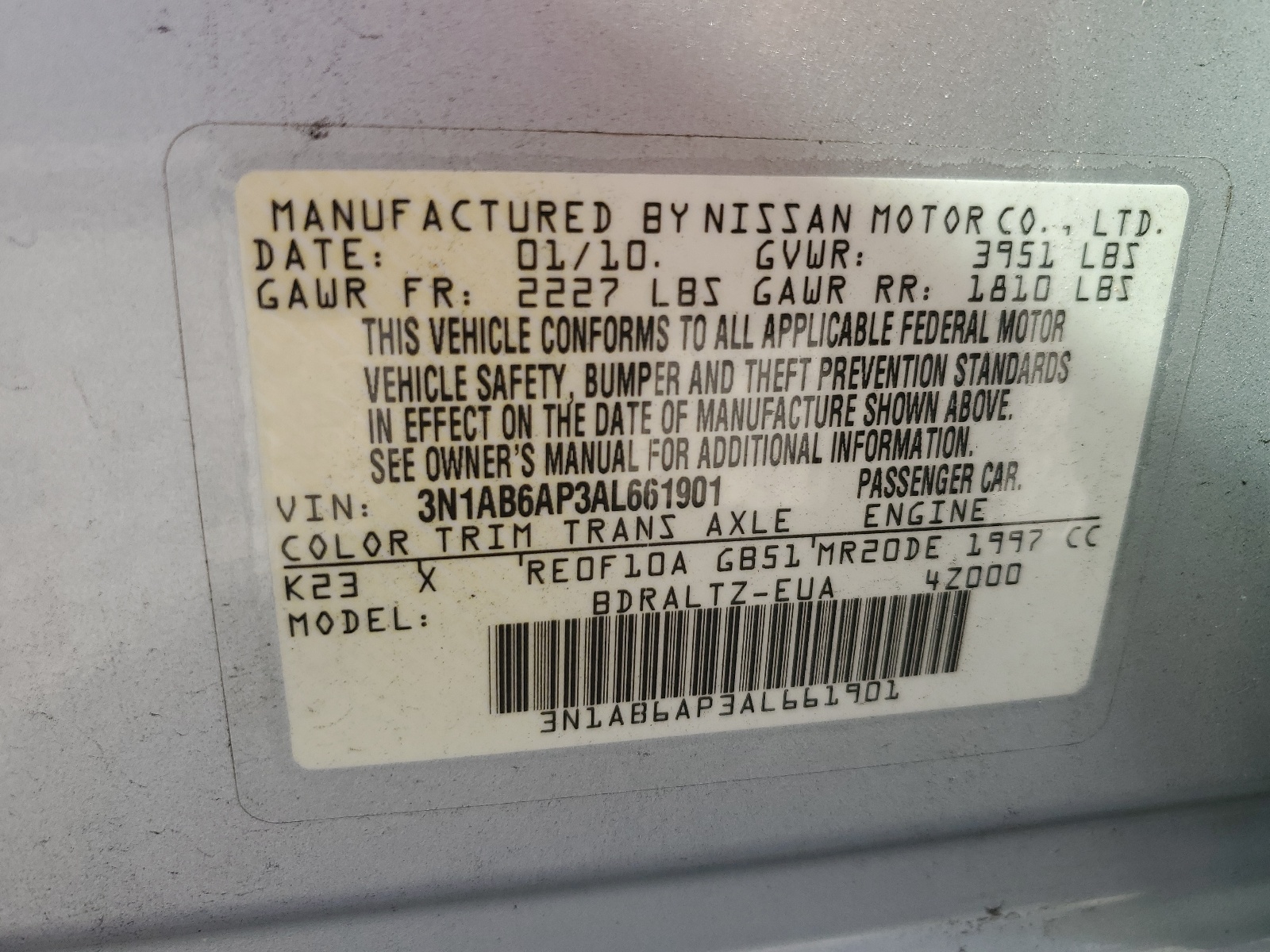3N1AB6AP3AL661901 2010 Nissan Sentra 2.0