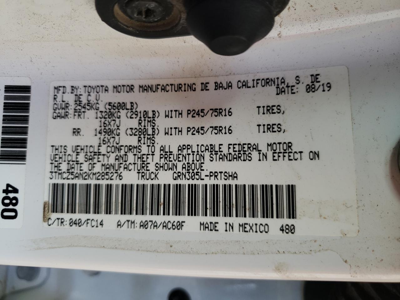 2019 Toyota Tacoma Double Cab VIN: 3TMCZ5AN2KM285276 Lot: 64026384