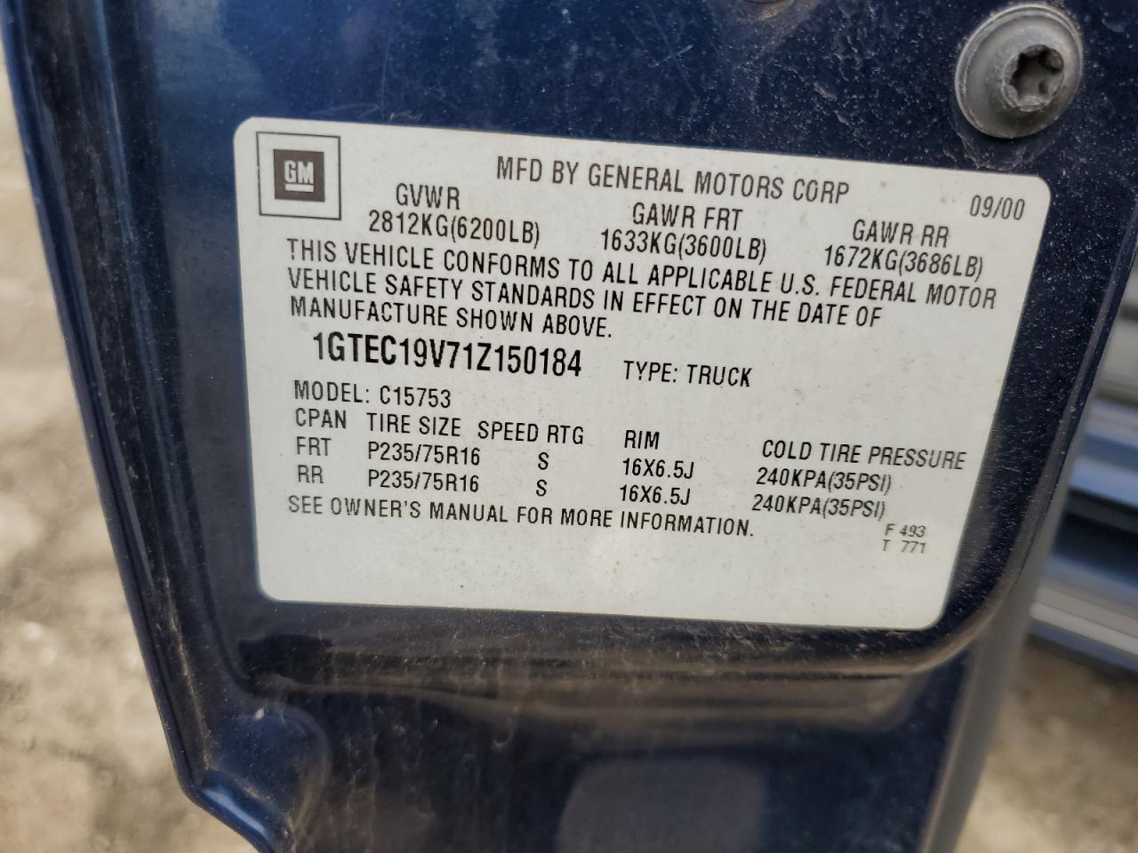 2001 GMC New Sierra C1500 VIN: 1GTEC19V71Z150184 Lot: 62234384