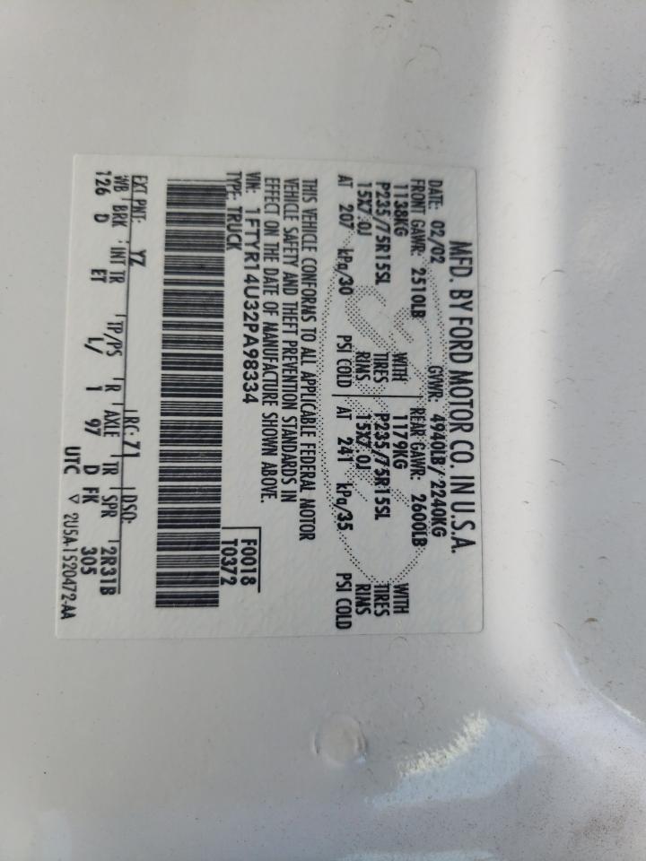 2002 Ford Ranger Super Cab VIN: 1FTYR14U32PA98334 Lot: 65204254