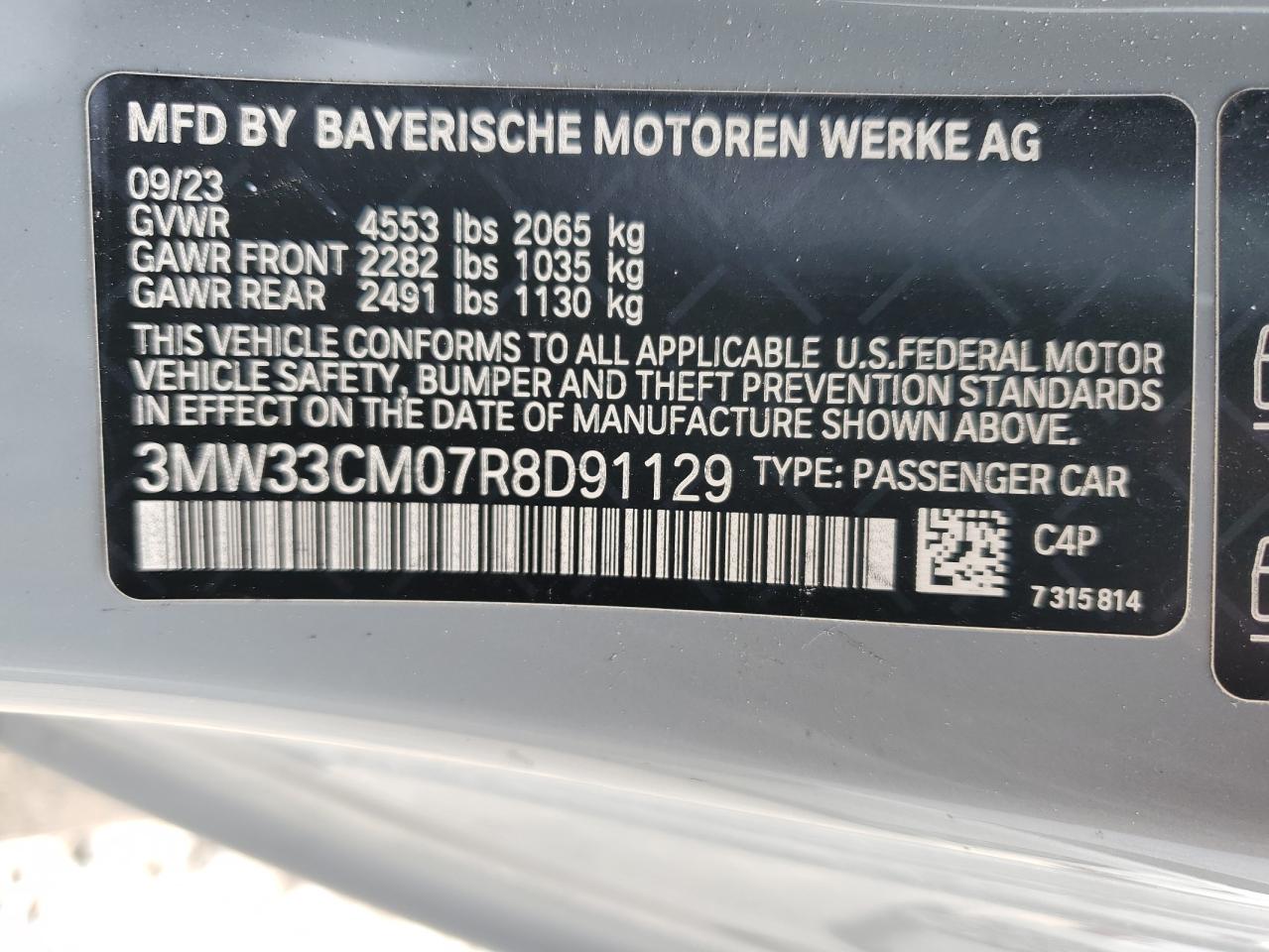 2024 BMW 230Xi VIN: 3MW33CM07R8D91129 Lot: 61027254