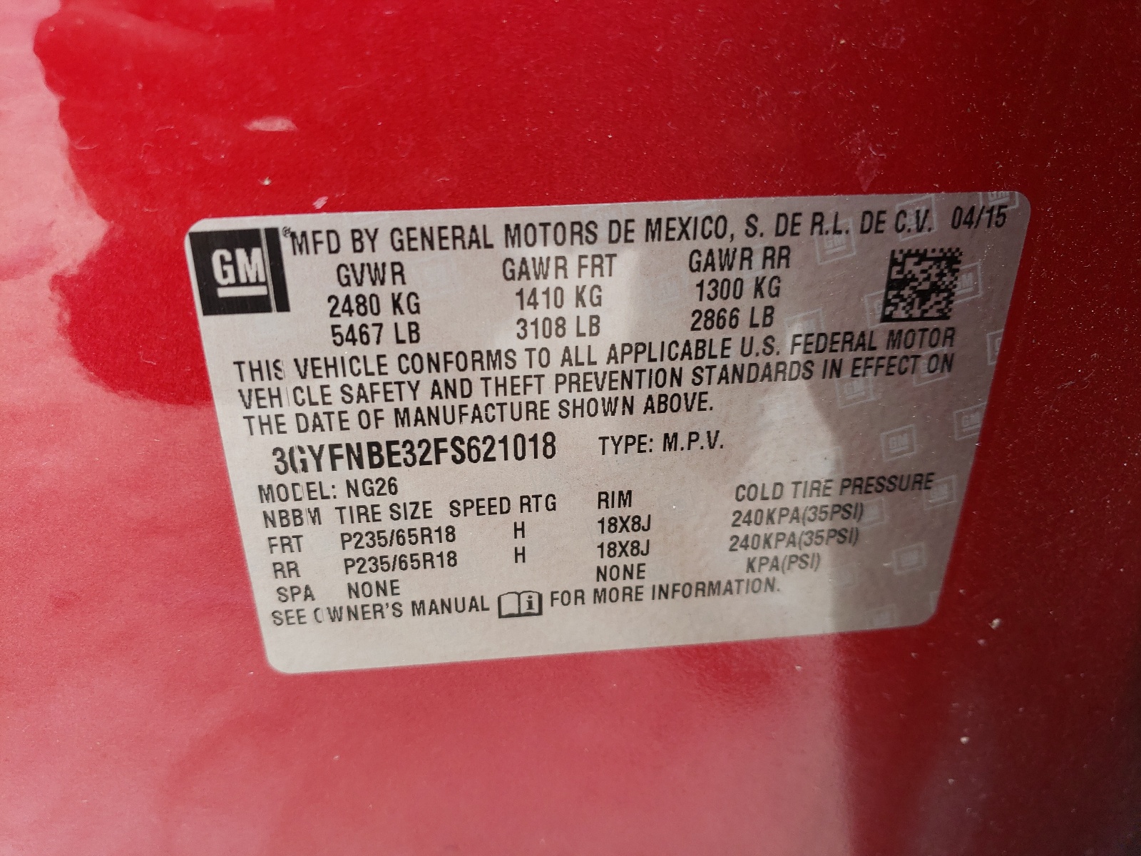 3GYFNBE32FS621018 2015 Cadillac Srx Luxury Collection