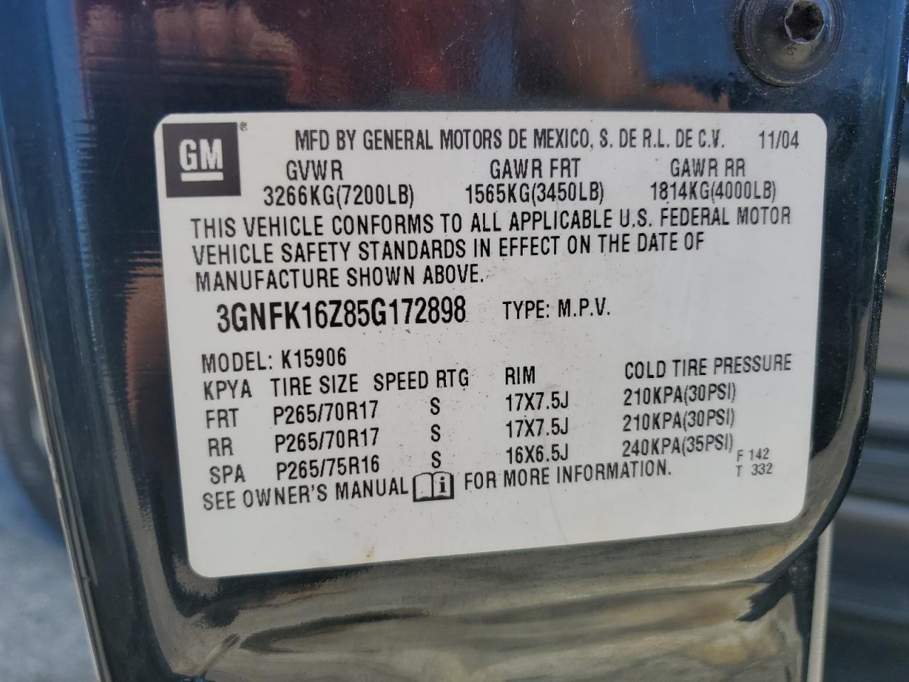 3GNFK16Z85G172898 2005 Chevrolet Suburban K1500