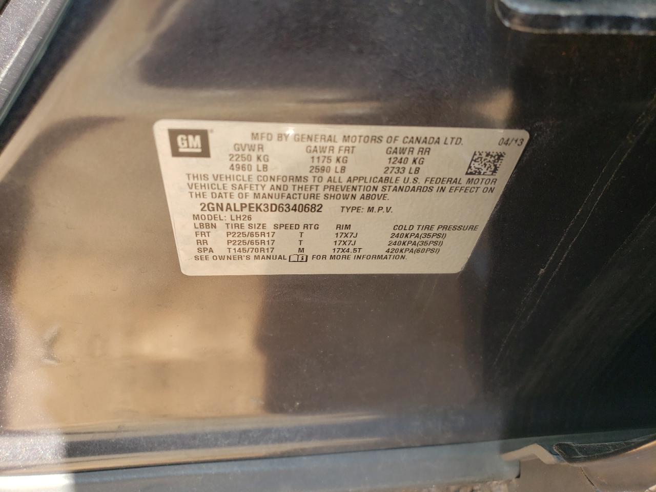 2013 Chevrolet Equinox Lt VIN: 2GNALPEK3D6340682 Lot: 62377754