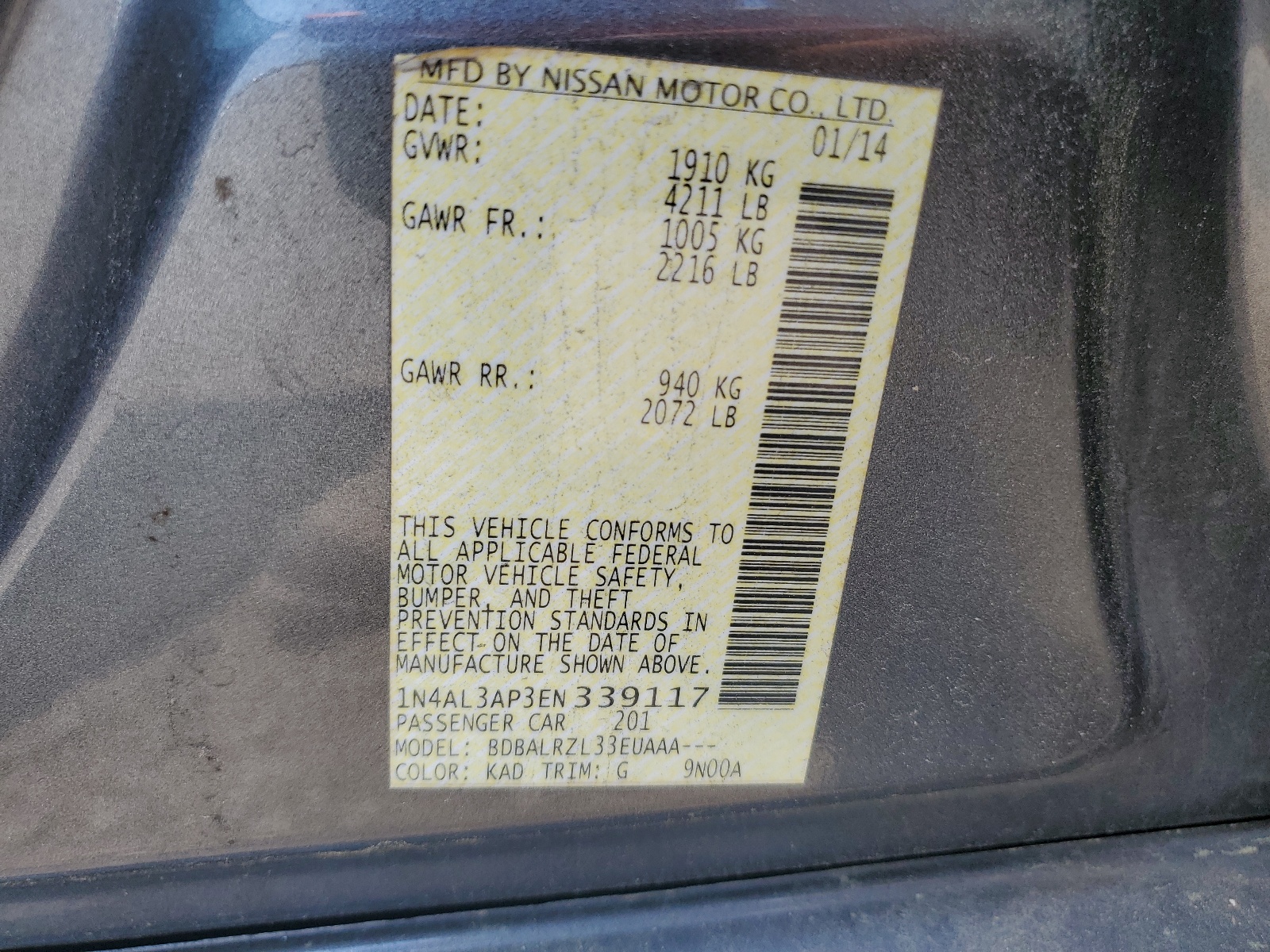 2014 Nissan Altima 2.5 vin: 1N4AL3AP3EN339117