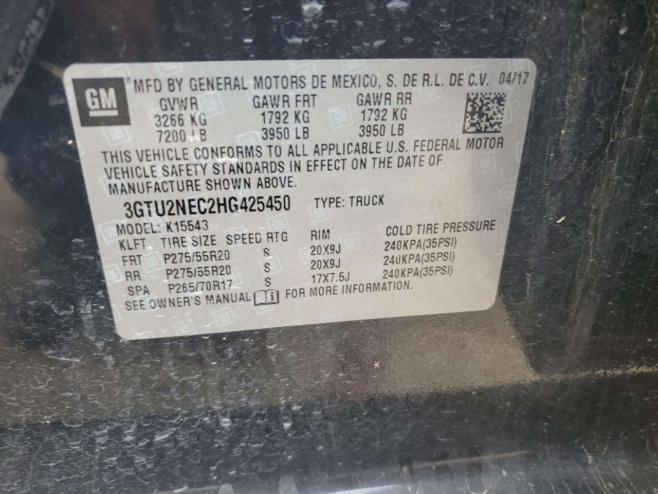 3GTU2NEC2HG425450 2017 GMC Sierra K1500 Slt