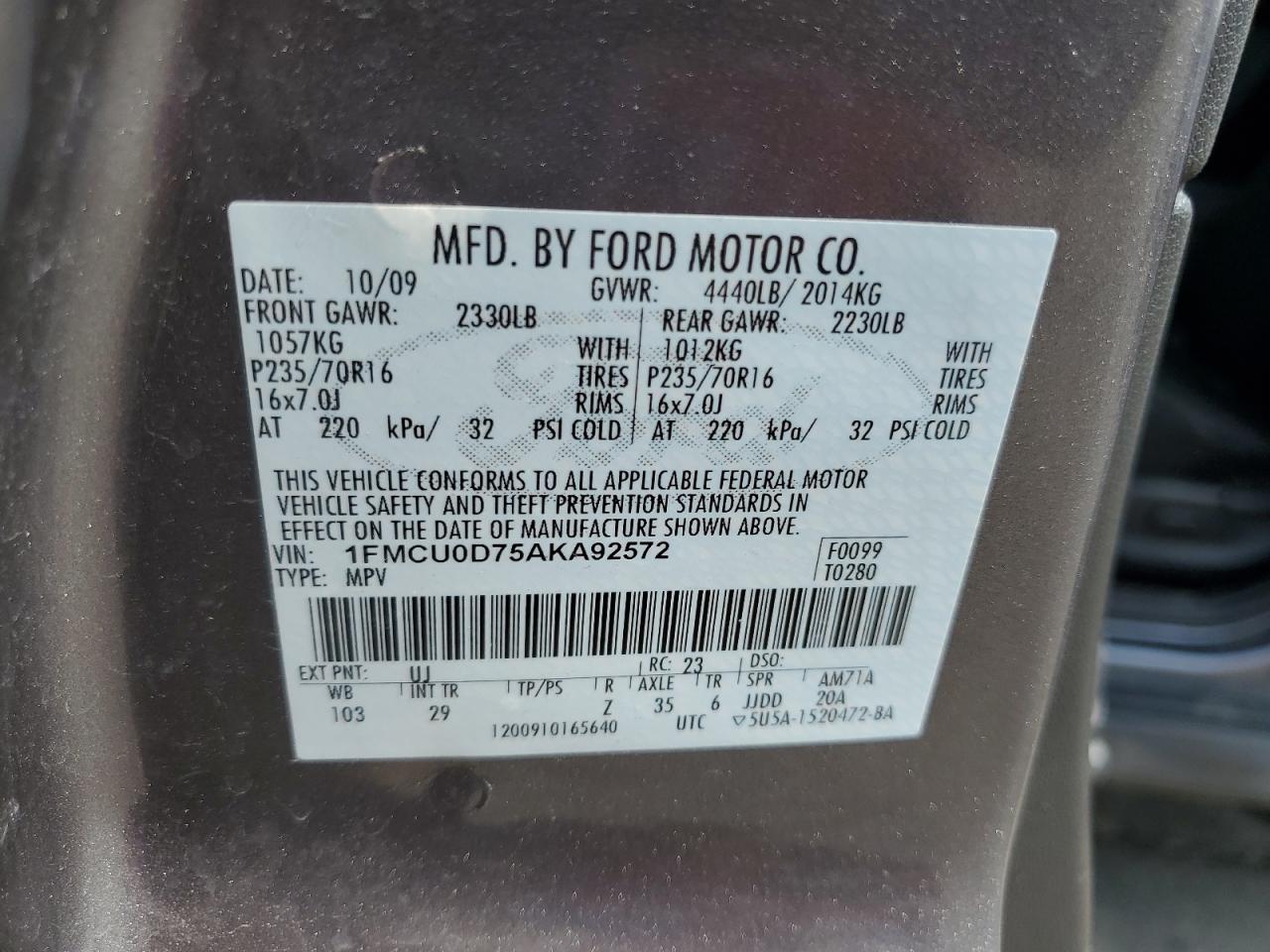 2010 Ford Escape Xlt VIN: 1FMCU0D75AKA92572 Lot: 64094934