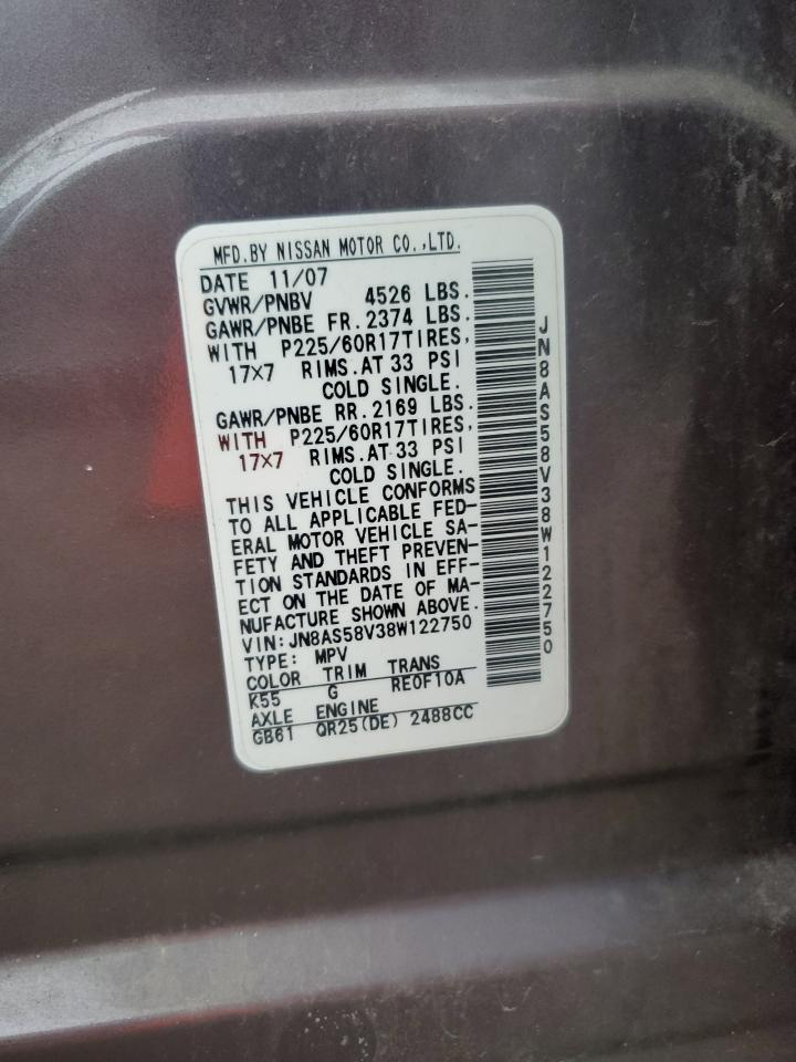 2008 Nissan Rogue S VIN: JN8AS58V38W122750 Lot: 64248384