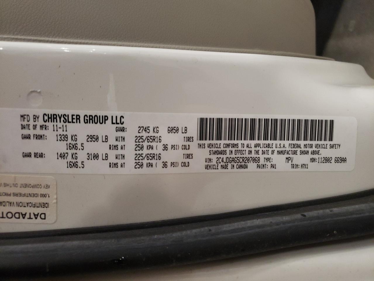 2012 Dodge Ram Van VIN: 2C4JDGAG5CR207068 Lot: 60849134