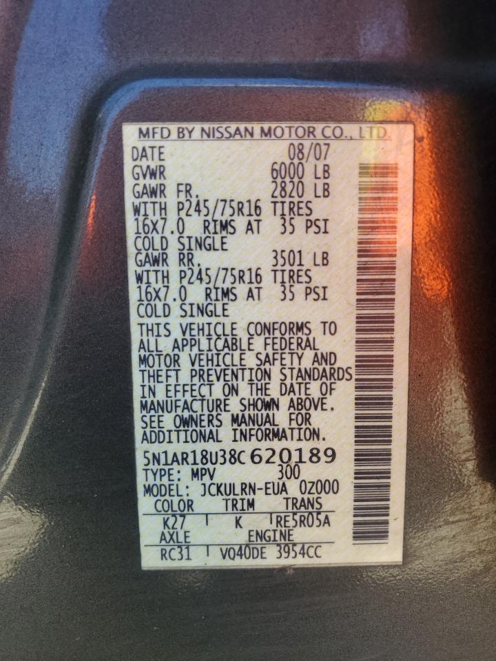 2008 Nissan Pathfinder S VIN: 5N1AR18U38C620189 Lot: 63877764