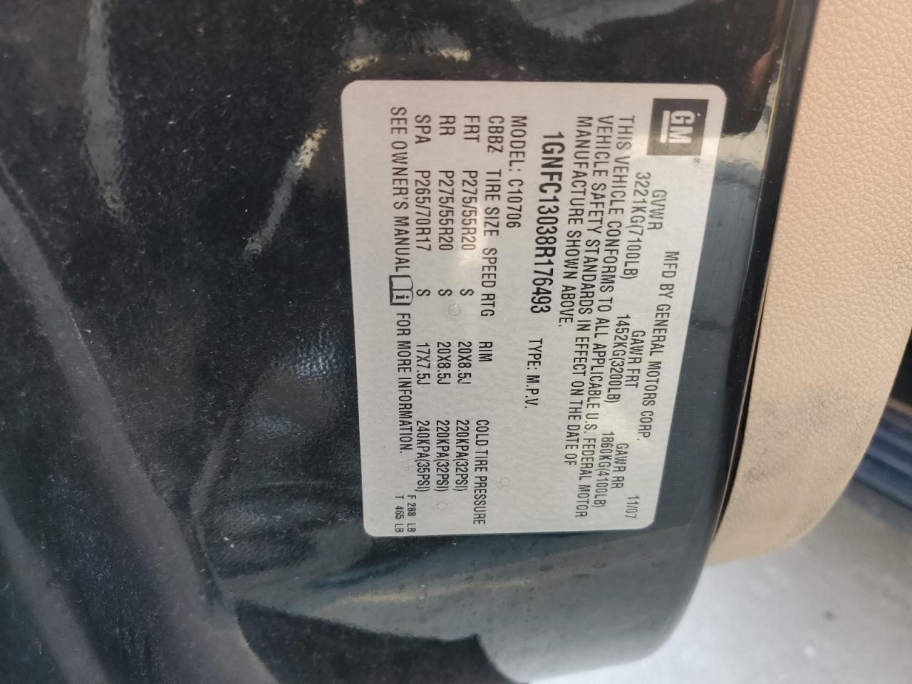 2008 Chevrolet Tahoe C1500 VIN: 1GNFC13038R176493 Lot: 63984734