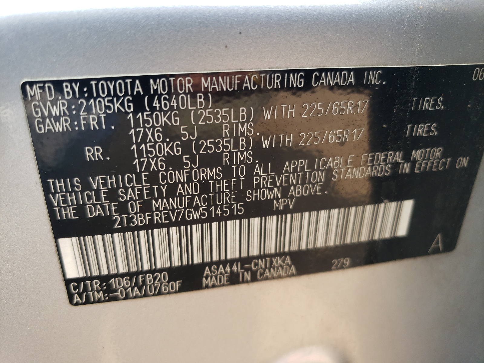 2T3BFREV7GW514515 2016 Toyota Rav4 Le