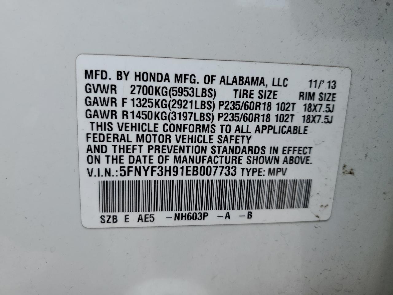 5FNYF3H91EB007733 2014 Honda Pilot Touring