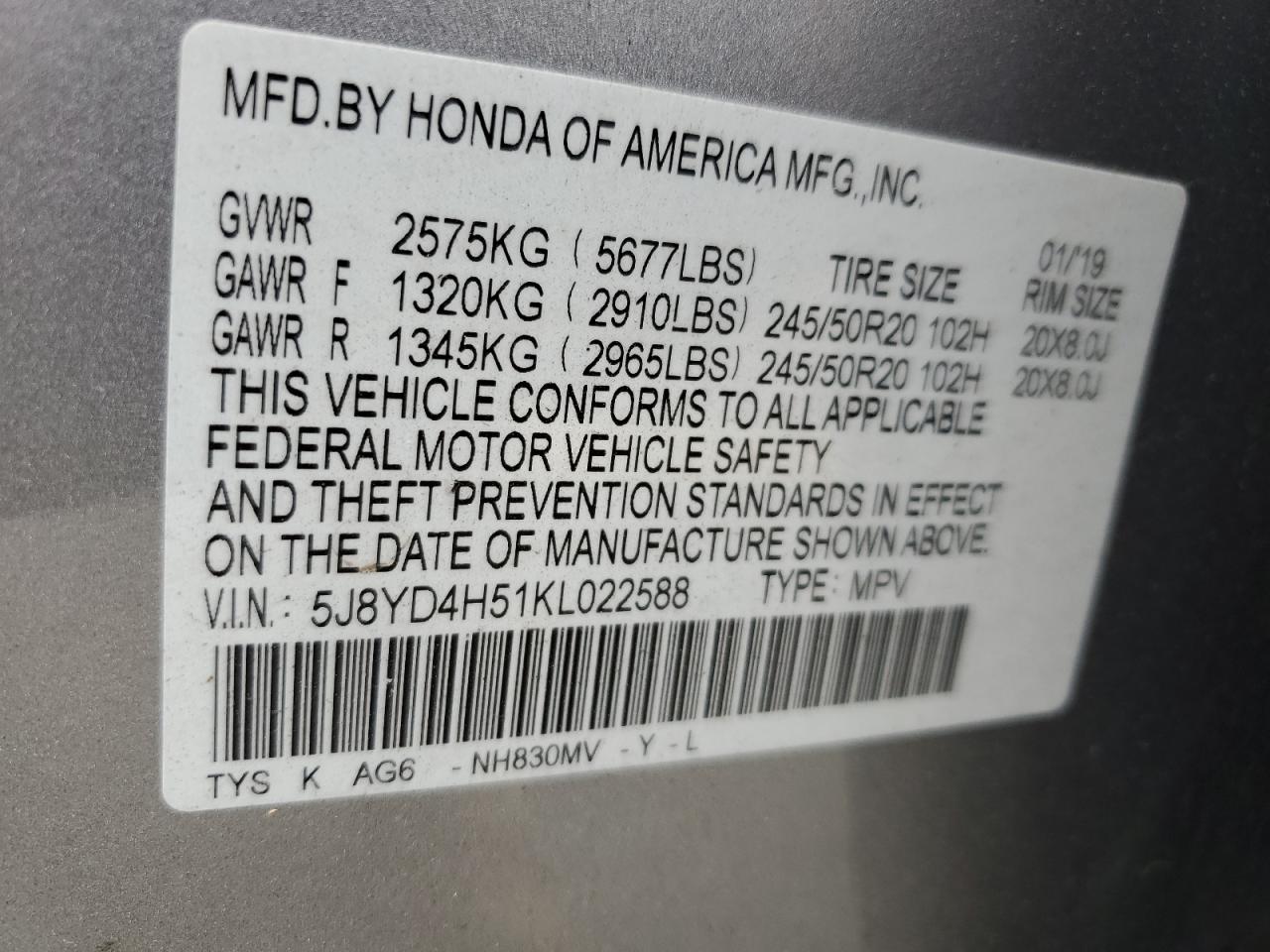 5J8YD4H51KL022588 2019 Acura Mdx Technology