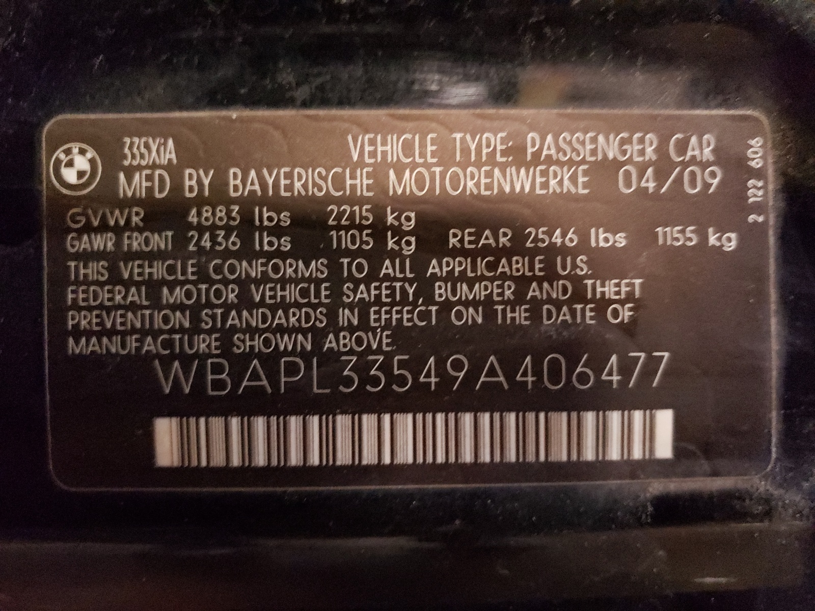 WBAPL33549A406477 2009 BMW 335 Xi