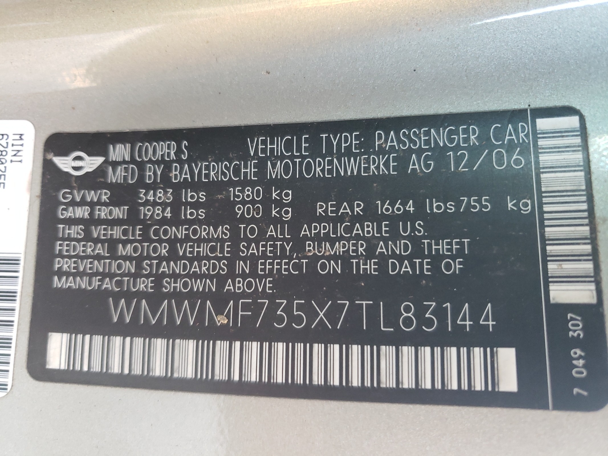 WMWMF735X7TL83144 2007 Mini Cooper S