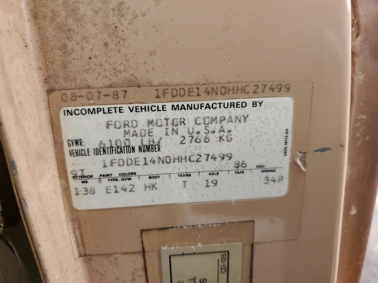 1987 Ford Econoline E150 Van VIN: 1FDDE14N0HHC27499 Lot: 65000704