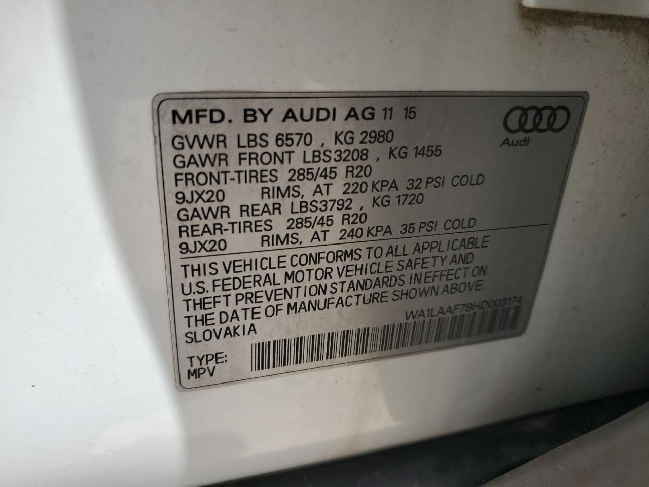 2017 Audi Q7 Premium Plus VIN: WA1LAAF79HD003174 Lot: 65451084