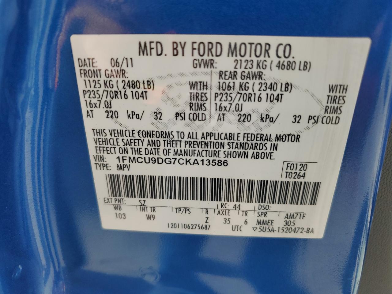 2012 Ford Escape Xlt VIN: 1FMCU9DG7CKA13586 Lot: 65150864