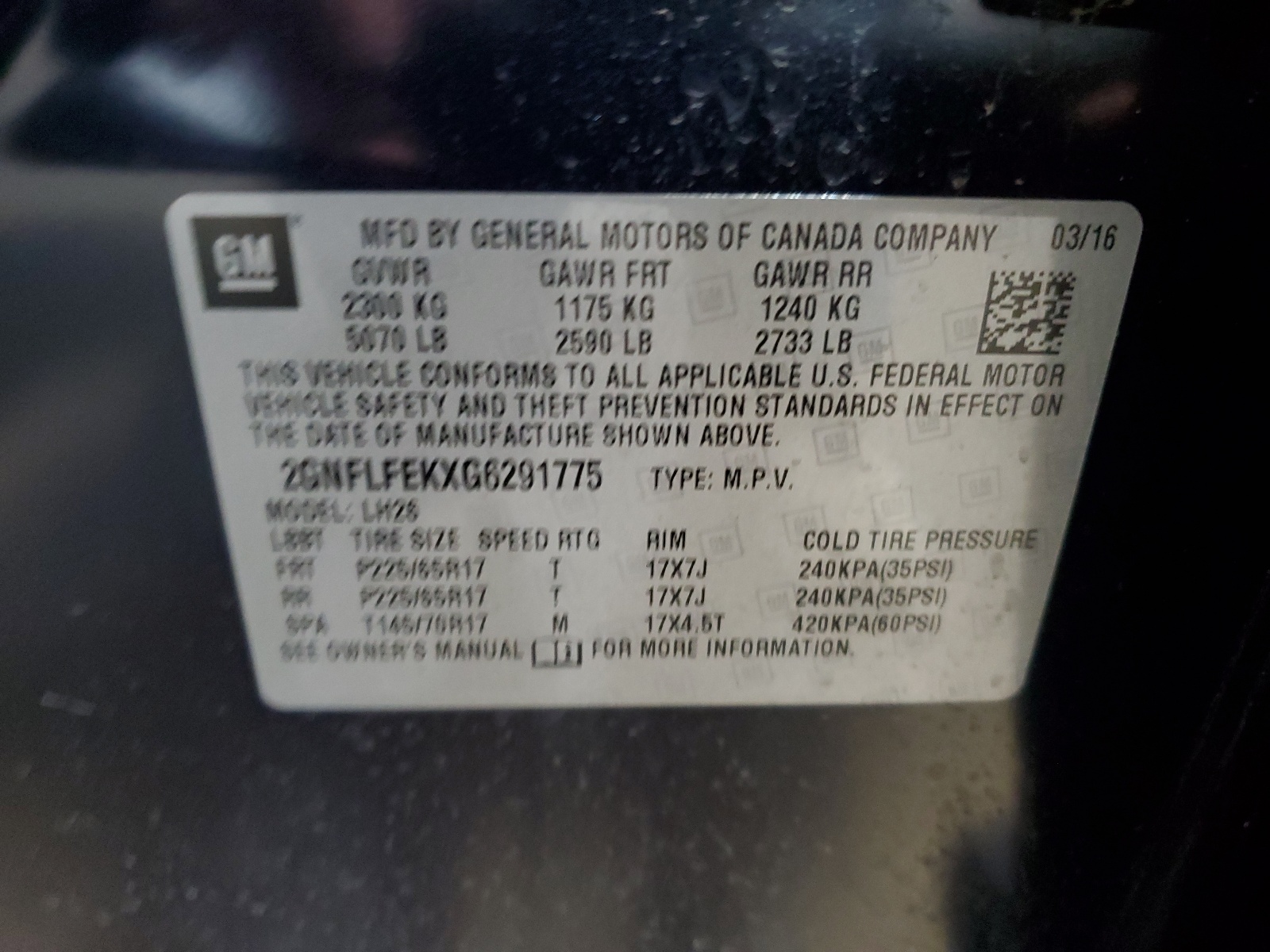 2GNFLFEKXG6291775 2016 Chevrolet Equinox Lt