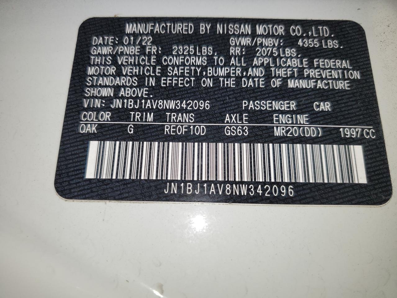 2022 Nissan Rogue Sport S VIN: JN1BJ1AV8NW342096 Lot: 65566614