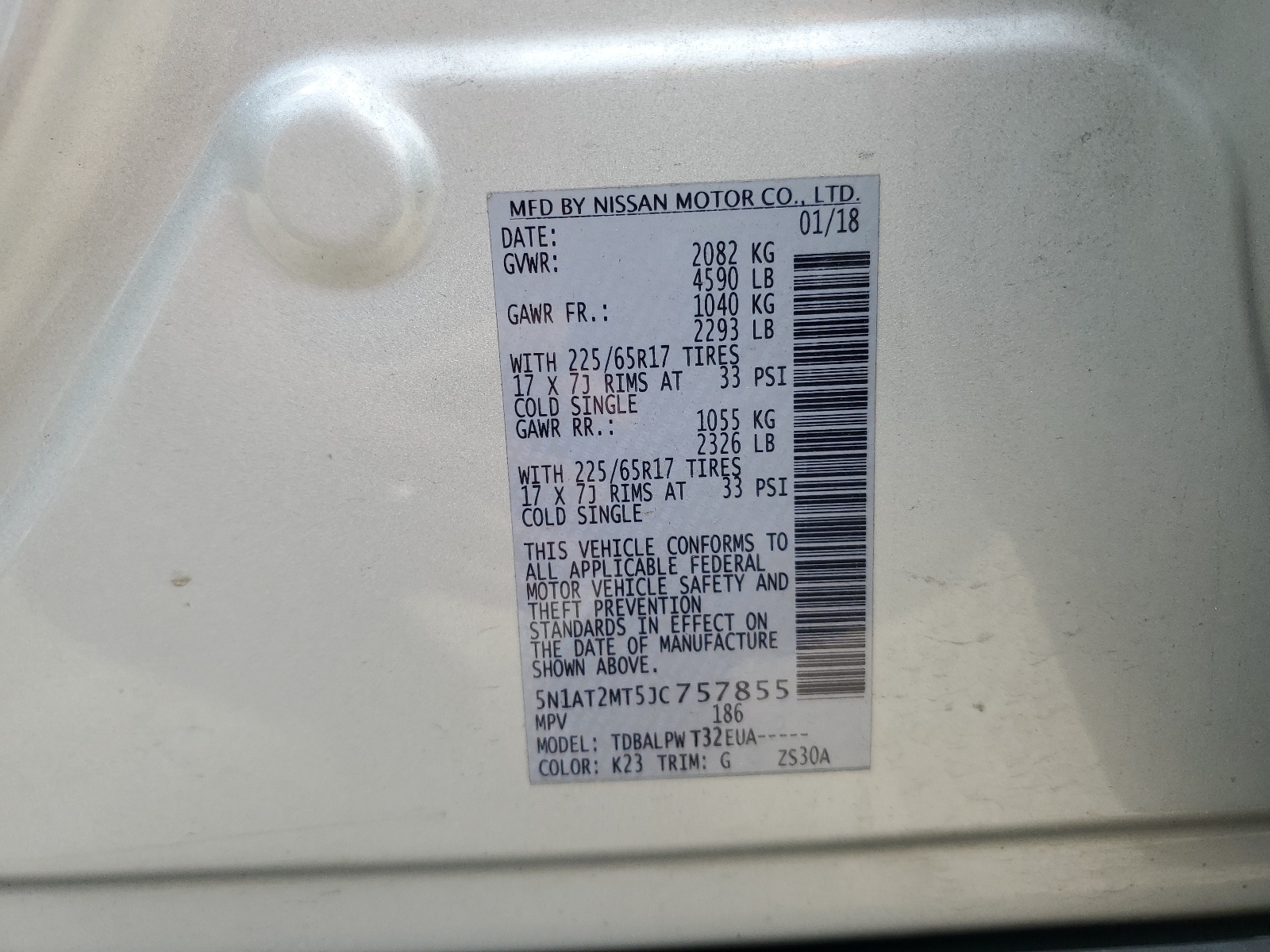 5N1AT2MT5JC757855 2018 Nissan Rogue S