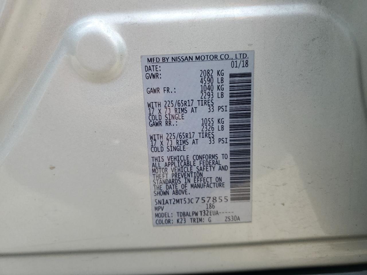 2018 Nissan Rogue S VIN: 5N1AT2MT5JC757855 Lot: 62296244