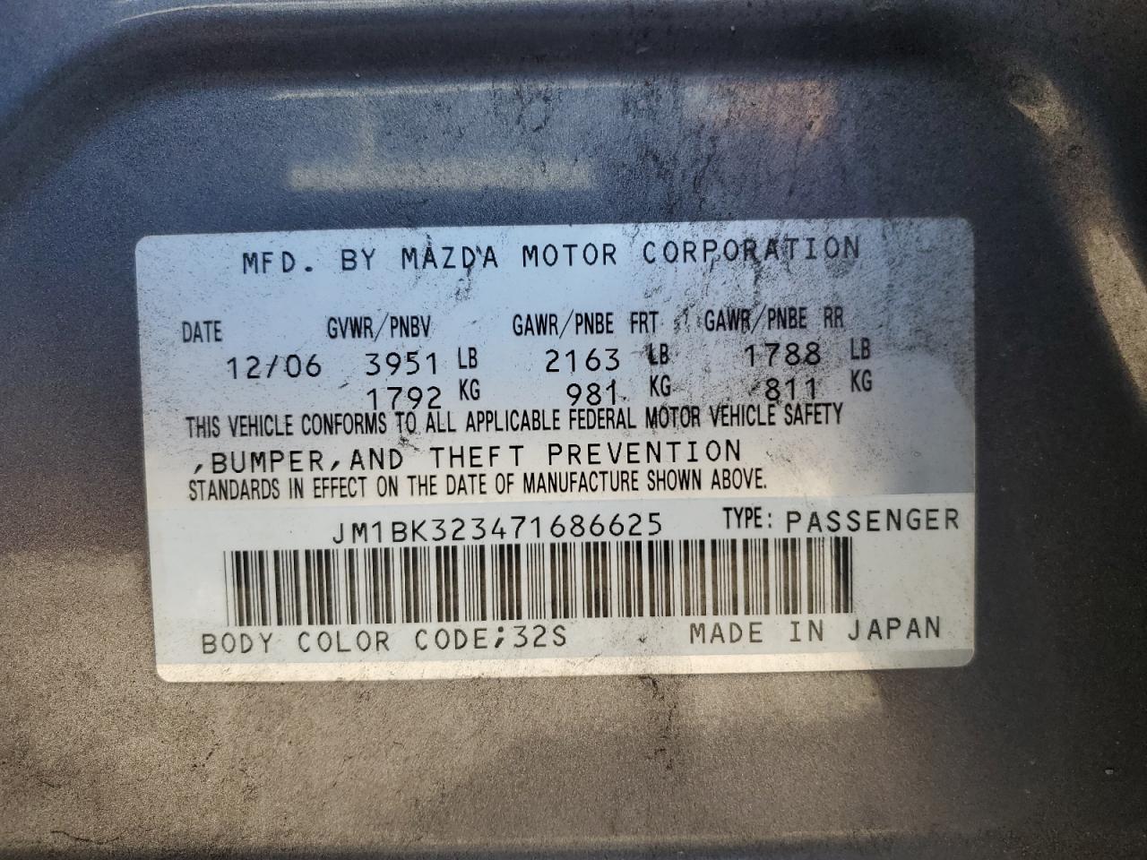 2007 Mazda 3 S VIN: JM1BK323471686625 Lot: 63936884