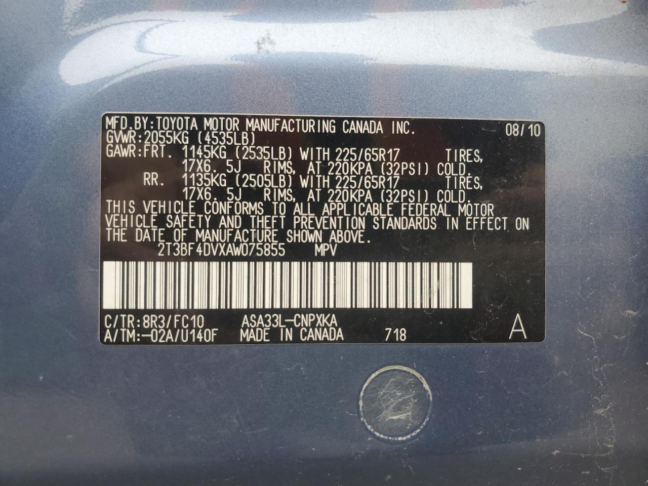 2010 Toyota Rav4 VIN: 2T3BF4DVXAW075855 Lot: 60912404