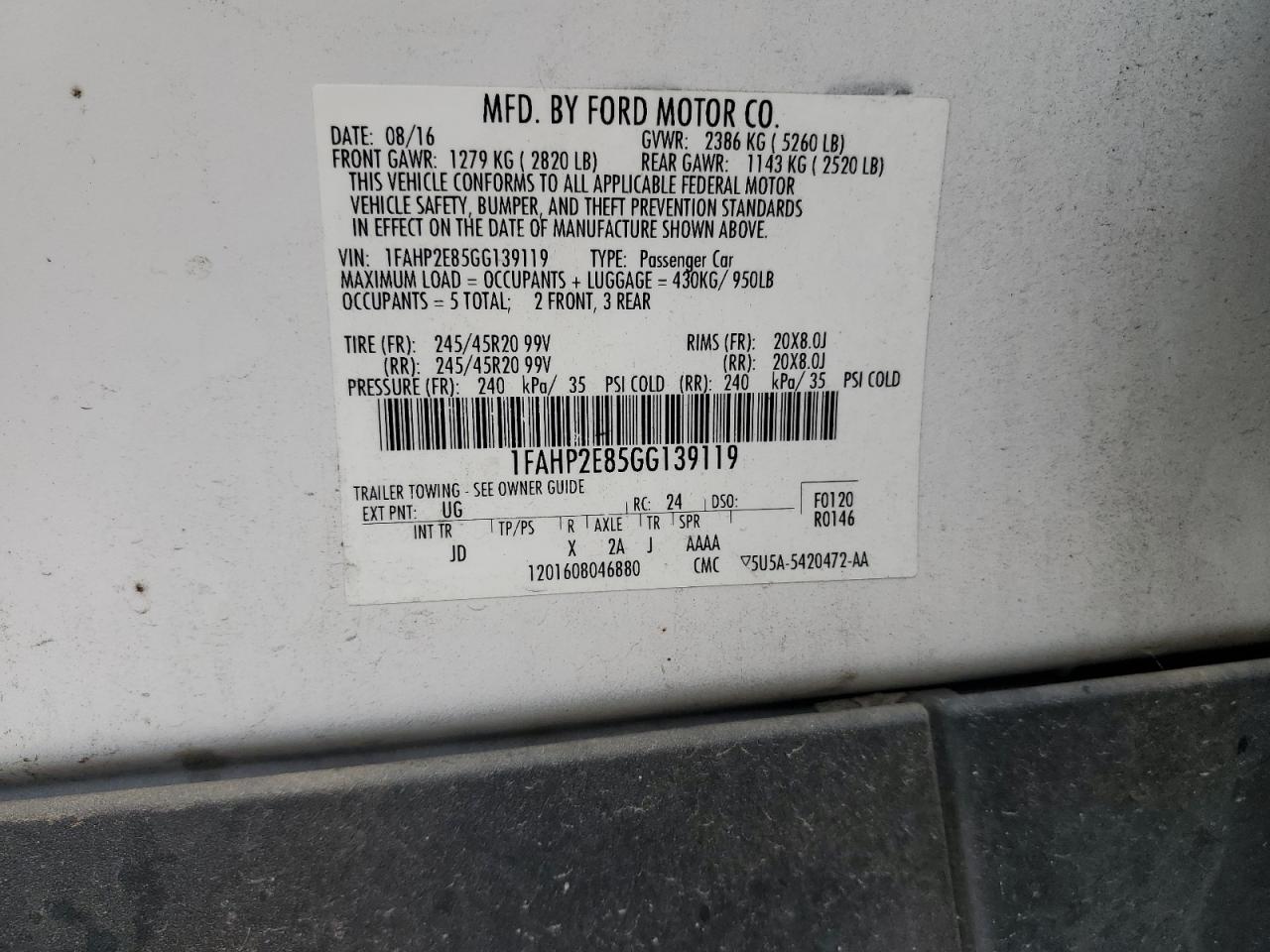 2016 Ford Taurus Sel VIN: 1FAHP2E85GG139119 Lot: 61827414