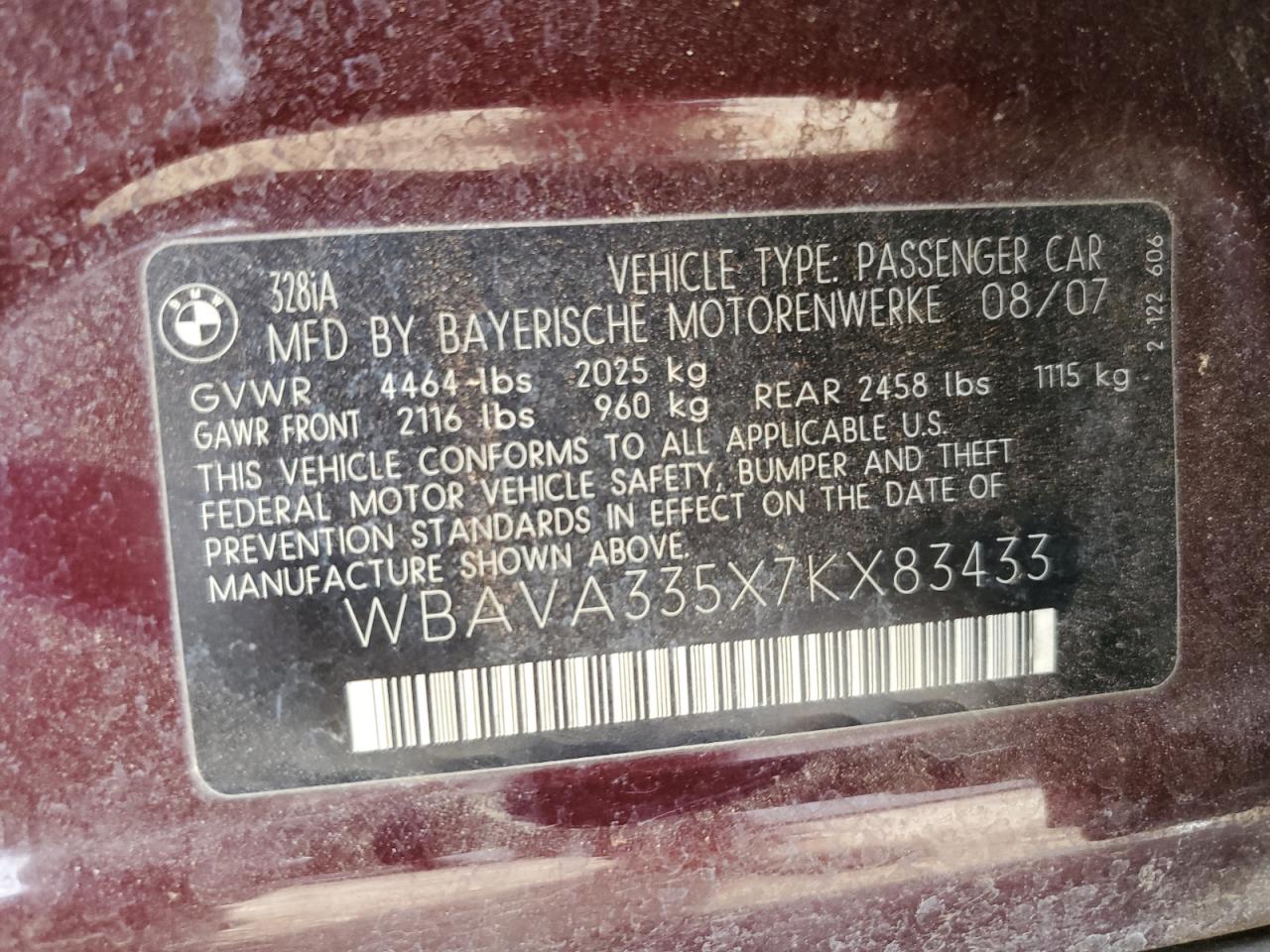 2007 BMW 328 I VIN: WBAVA335X7KX83433 Lot: 60888524