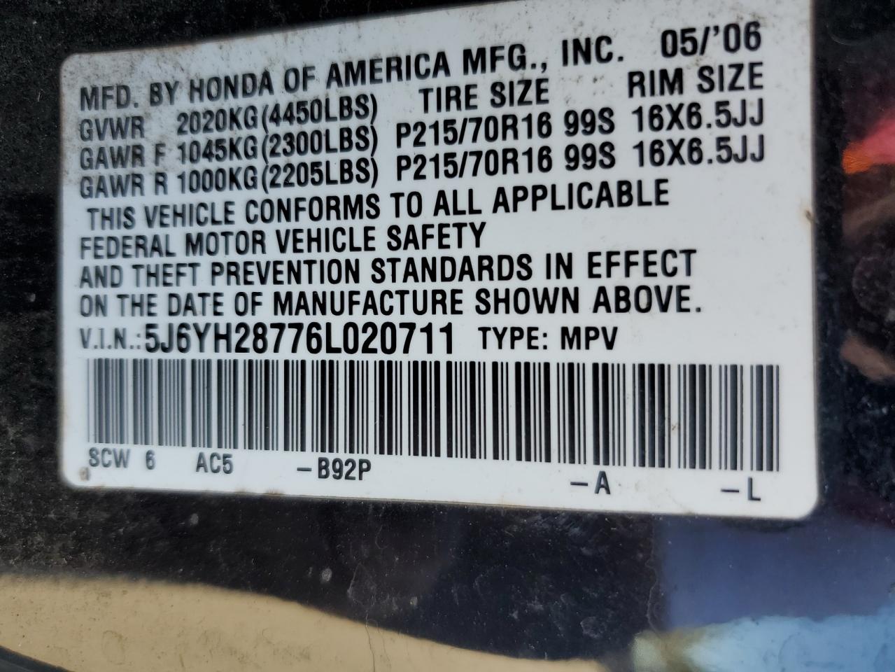 2006 Honda Element Ex VIN: 5J6YH28776L020711 Lot: 62661714