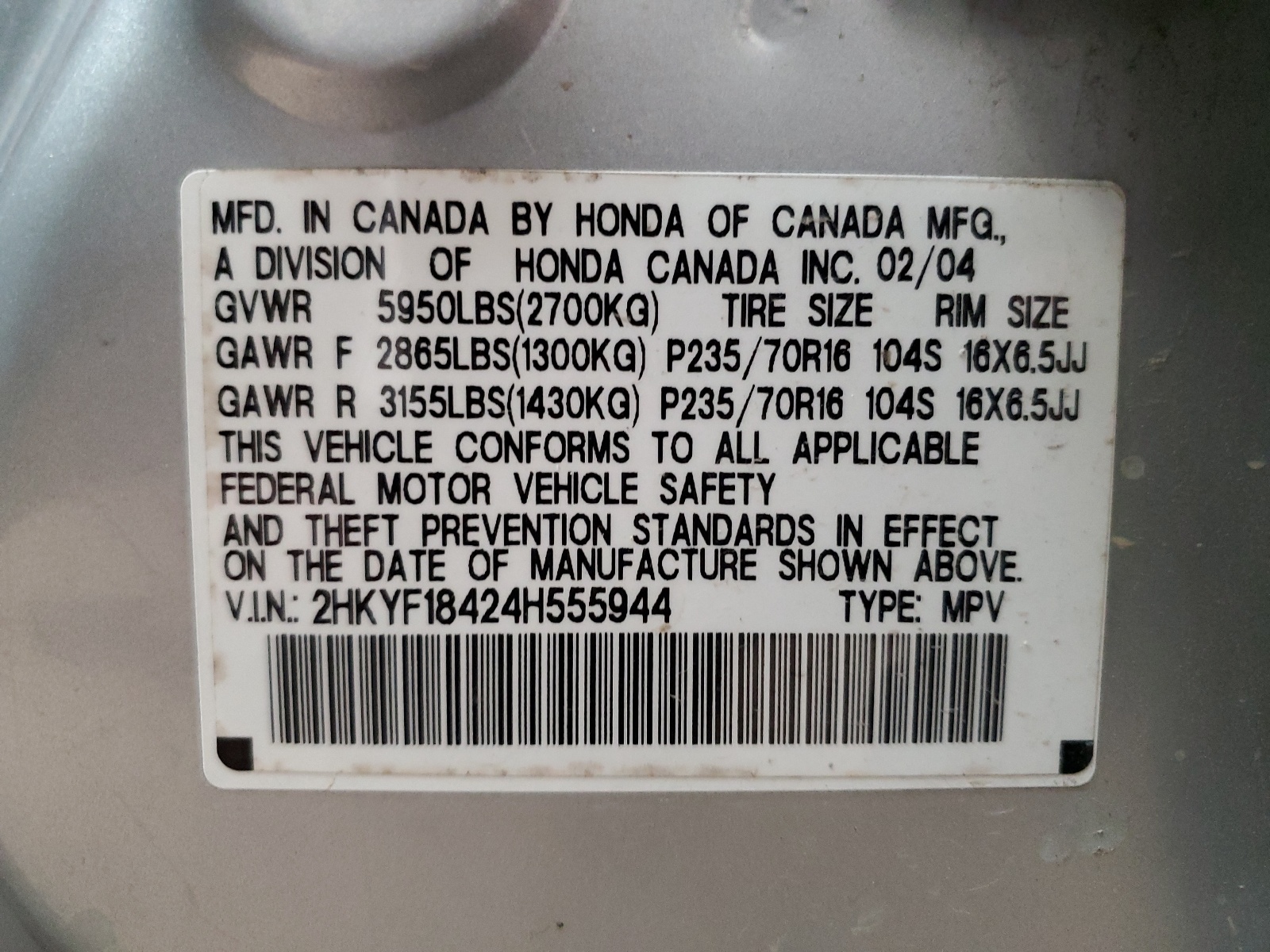 2HKYF18424H555944 2004 Honda Pilot Ex