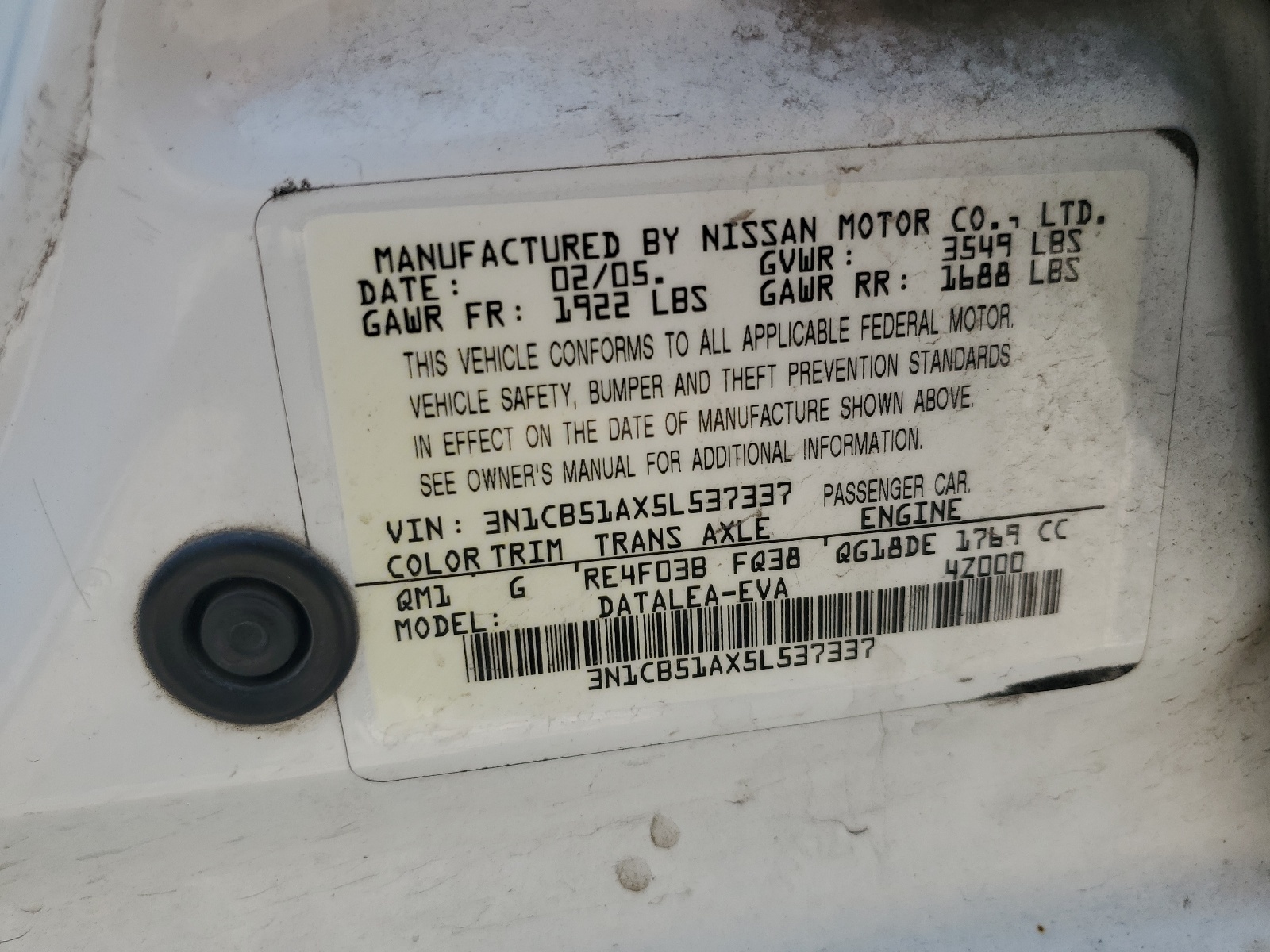 3N1CB51AX5L537337 2005 Nissan Sentra 1.8S