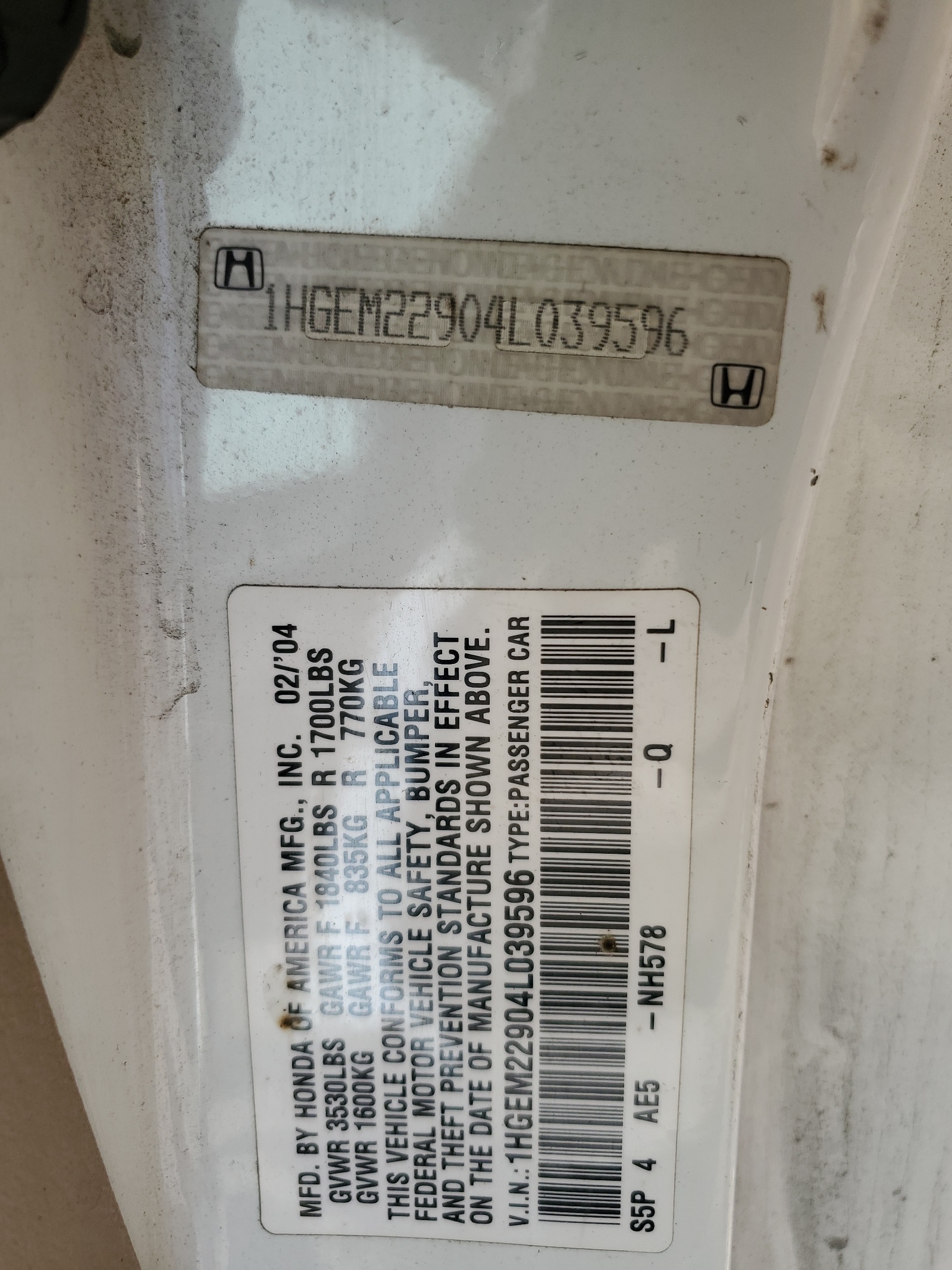 1HGEM22904L039596 2004 Honda Civic Ex