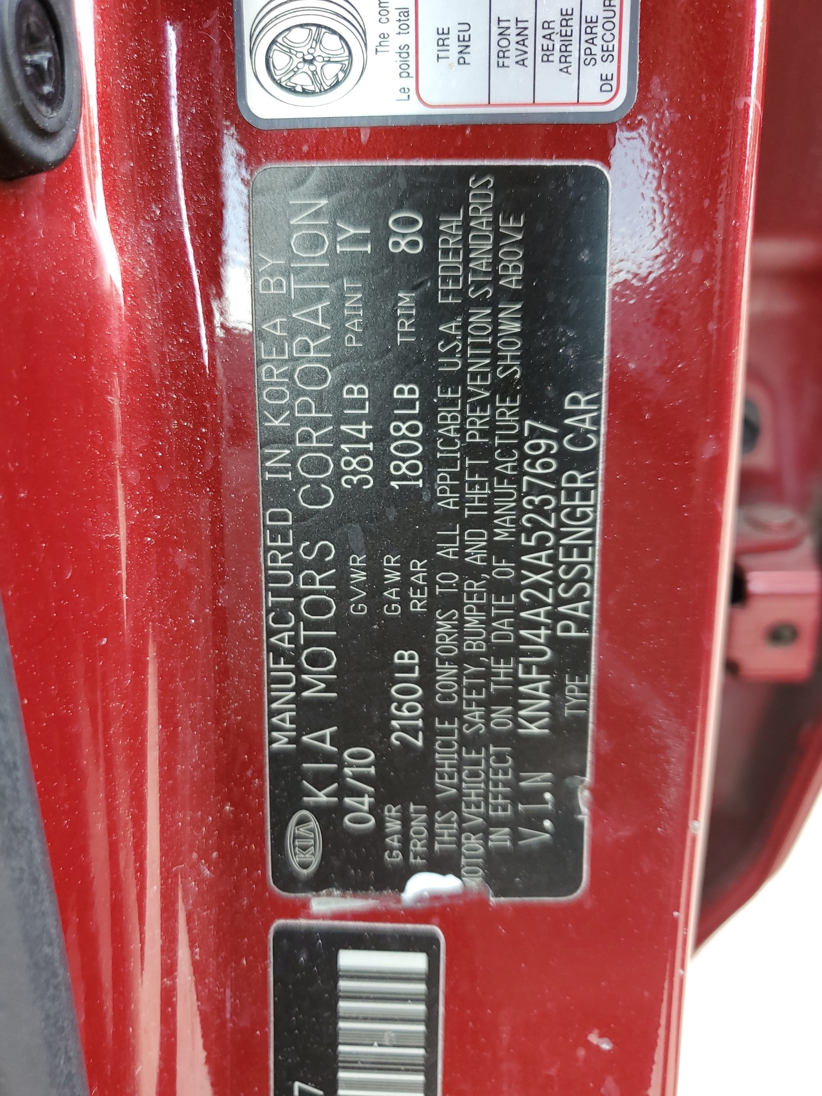 KNAFU4A2XA5237697 2010 Kia Forte Ex