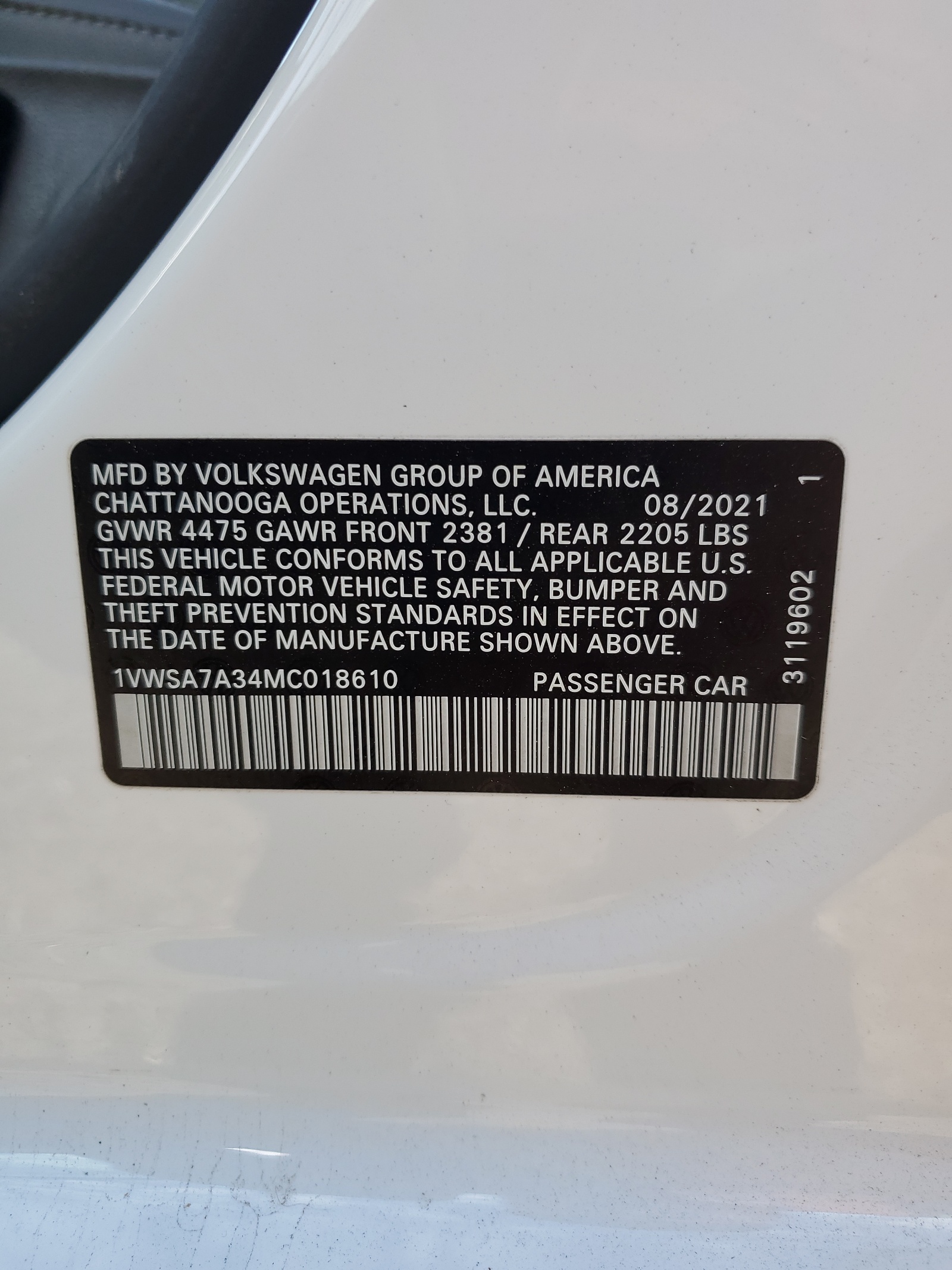 1VWSA7A34MC018610 2021 Volkswagen Passat Se