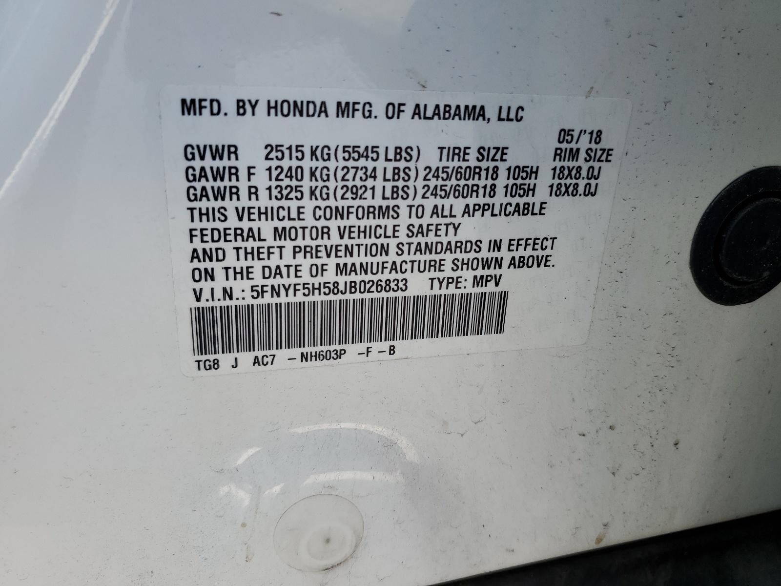 5FNYF5H58JB026833 2018 Honda Pilot Exl