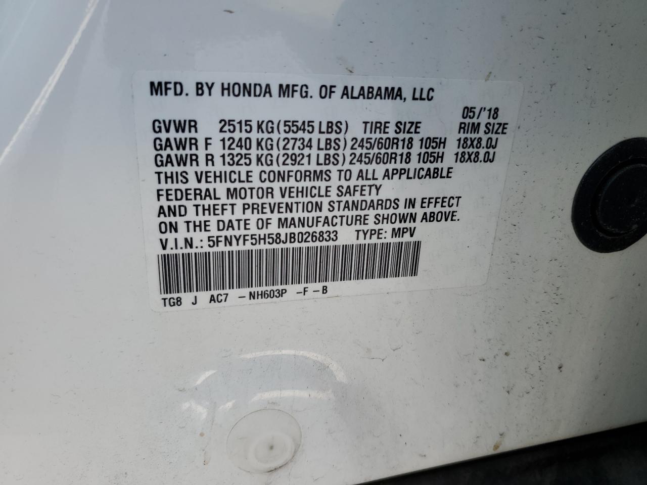 2018 Honda Pilot Exl VIN: 5FNYF5H58JB026833 Lot: 62744184