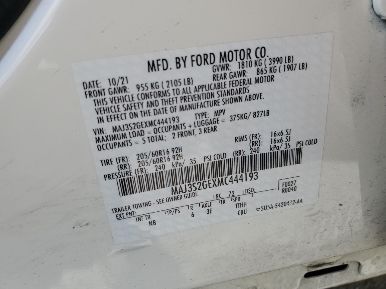 2021 Ford Ecosport Se VIN: MAJ3S2GEXMC444193 Lot: 63622104